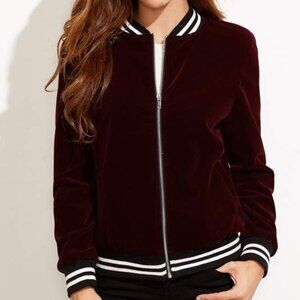 Burgundy Velvet Bomber Jacket Maroon Wine Zip Up Stripe Trim Streetwear Large